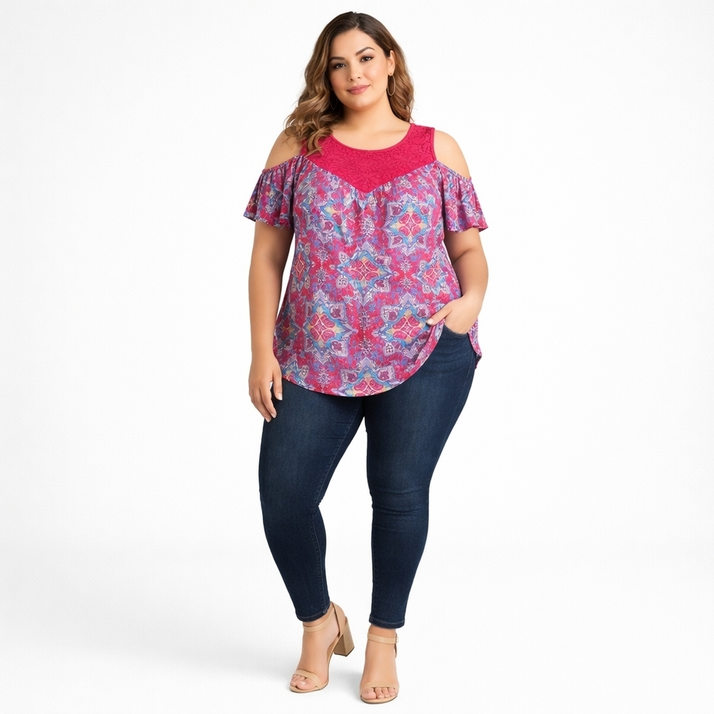 Torrid 2X Pink Lace Yoke Cold Shoulder Floral Blouse NWT